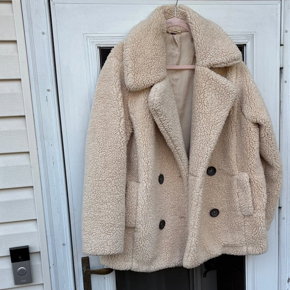 Free People Ladies Cream Sherpa Jacket-M - Picture 3 of 9